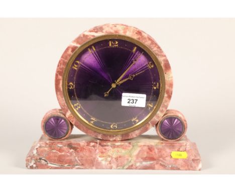Art Deco pink marble and enamel 8 day mantle clock; 23cm high 
