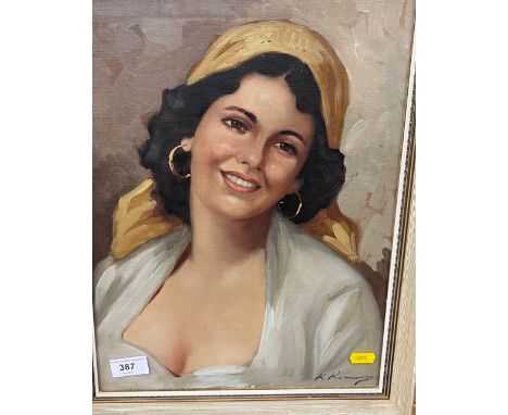 20th century portrait of a lady, oil on board, signed illegilbly and framed 