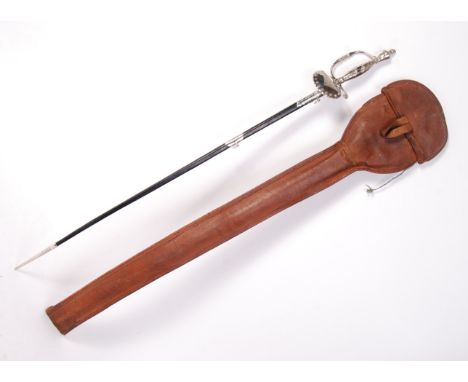 An early 20th century steel court sword with scabbard and leather case, the sword having a triangular and etched blade and de