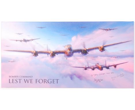 ' Lest We Forget ' by Piotr Forkasiewicz -  autographed print on canvas. Signed to the lower edge by 617 Squadron Bomb Aimer 