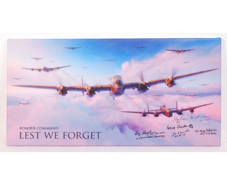 An incredible ' Bomber Command - Lest We Forget ' digital composite artwork print on canvas, having been autographed by 6x Bo