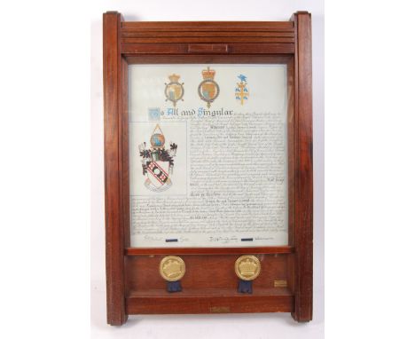 A vintage 1930's oak cased tambour fronted glass cabinet with indenture for opening of a business by Lyndall Fownes Urwick wh