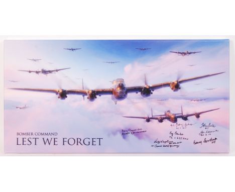 An incredible ' Bomber Command - Lest We Forget ' digital composite artwork print on canvas, having been autographed by 7x Bo