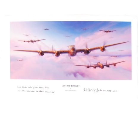 ' Lest We Forget ' by Piotr Forkasiewicz -  autographed print. Signed to the lower margin by 617 Squadron Bomb Aimer and Damb