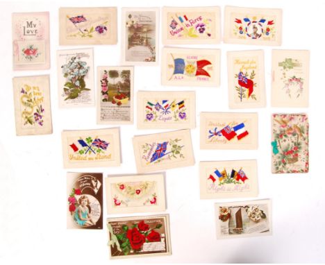 A collection of 20x assorted WWI First World War era silk greetings / postcards - all belonging to the same family. Few cards