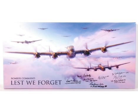 An incredible ' Bomber Command - Lest We Forget ' digital composite artwork print on canvas, having been autographed by 8x Bo