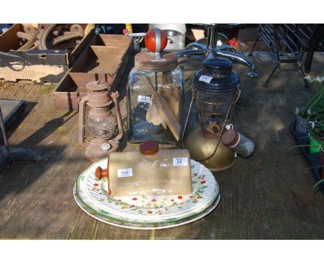A Butter Churn, Tilley lamp, foot warmer, etc.
