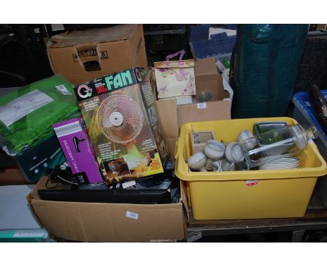 Four boxes of miscellaneous, CD's, china, picnic items, CD players, hairdryer, etc.