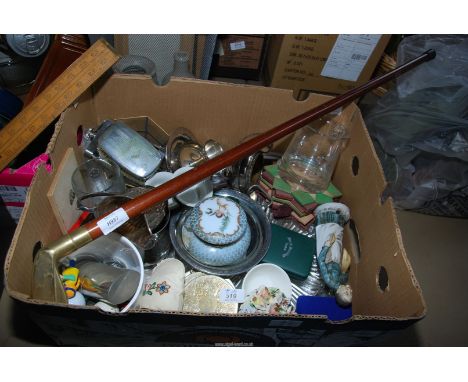A box of miscellaneous china, silver plate, walking stick, etc.