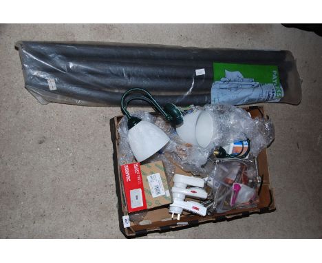 A box of plumbing items, copper pipe connectors, thermostats, rolls of pipe lagging etc.