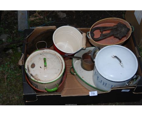 A box of enamel pots, copper pans, etc.