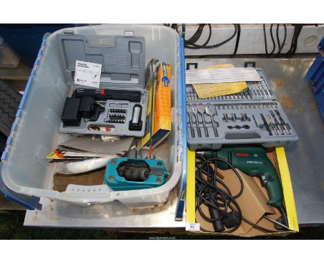 A box of tools, cordless screwdriver, Bosch drill, drill bit set, etc.