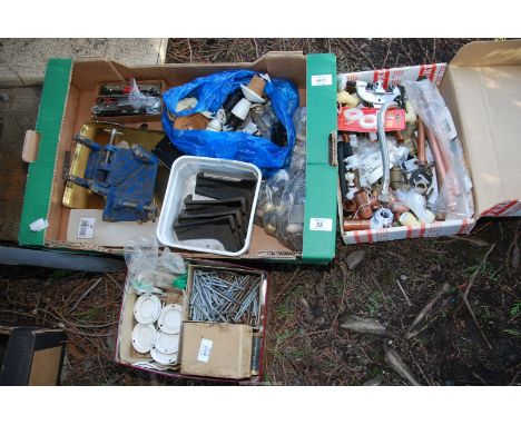 A box of miscellaneous nails, copper pipe fittings, Marples mitre clamp, etc.