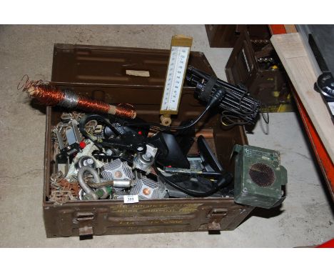 An Ammunition box and contents, chains, microphones, etc.