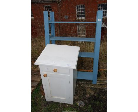 A white painted bedside cabinet, 29" high x 18" wide x 17" depth and blue painted shelf unit 45"high x 33" wide x 11" depth.