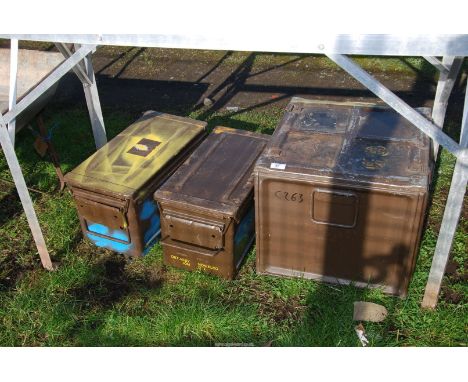 Three empty ammunition boxes.