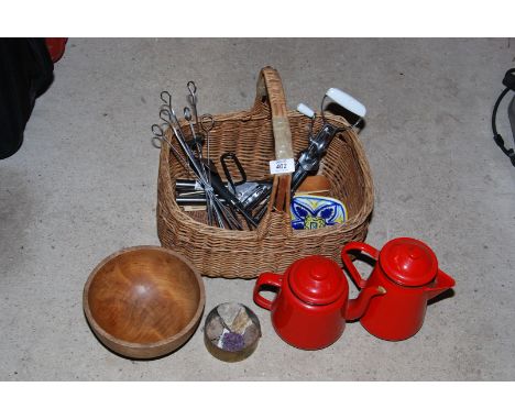 Wicker basket, enamel tea and coffee pots, BBQ tools, etc.