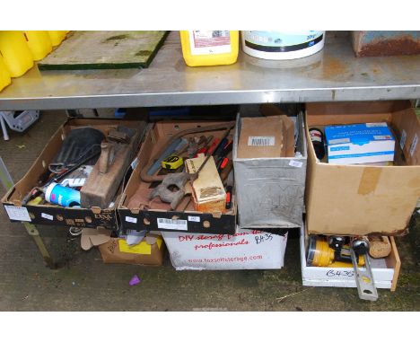 Four boxes of miscellaneous tools, hose, planes, etc.