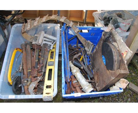 Two boxes of tools, hammers, mallets, stilsons, cutter discs, etc.