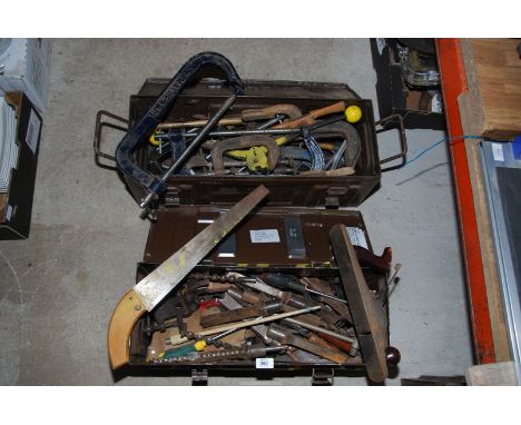 Two ammunition boxes with various tools, planes,"G" clamps, hand saws, drill, etc.