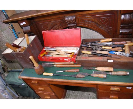 Three boxes of tools, chisels, hand drills,spanners, etc.