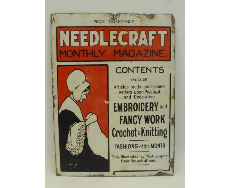 A rare Needlecraft Monthly Magazine pictorial enamel sign by Hassall, of small size, 9 x 12".