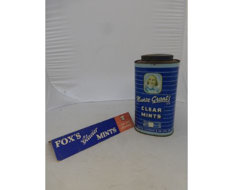 A Nurse Grant's Clear Mints dispensing tin and a rare Fox's Glacier Mints "shelf talker" cardboard shelf strip.