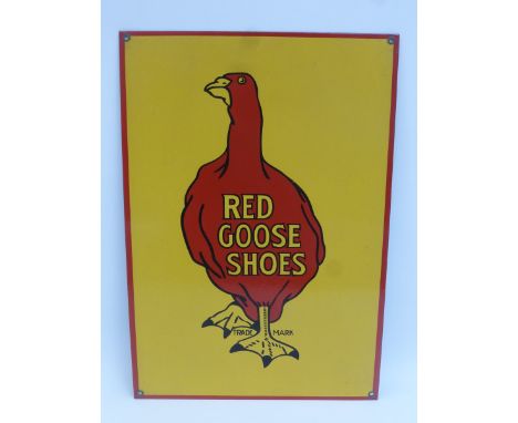A reproduction Red Goose Shoes rectangular enamel sign, 12 x 17 1/4" and an oval enamel sign "American", 18 1/2 x 9 3/4".