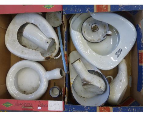 Two boxes of assorted enamel wares etc.
