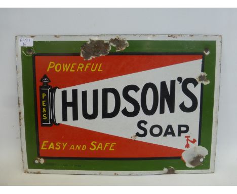 A small Hudson's Soap enamel sign by Stainton & Hulme Ltd with remains of original label to verso, 10 x 7".