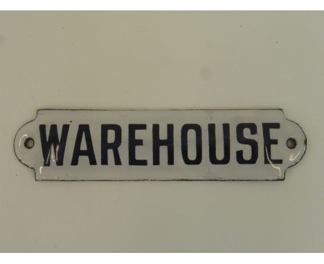 A small enamel convex door plaque for "Warehouse", 6 x 1 1/2".
