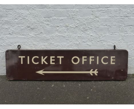 A Great Western Ticket Office hanging enamel sign with pointing arrow, 48 x 12".