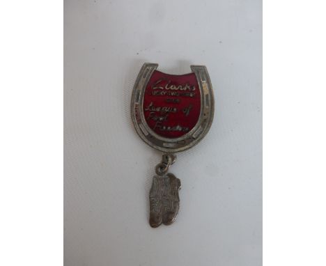 A Clarkes Lucky-Two-Shoe Club "League of Foot Freedom" part enamel badge by Fattorini &amp; Sons Ltd, with original pair of s