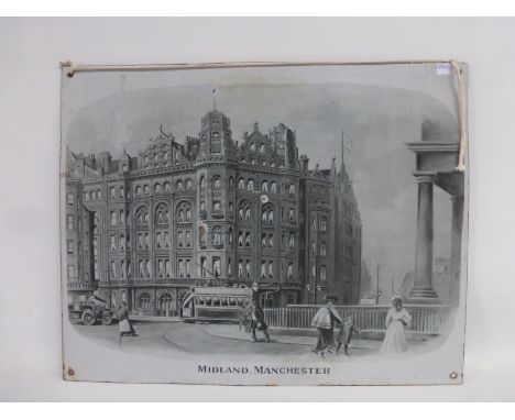 A Midland Hotel of Manchester black and white railway enamel sign, 18 1/2 x 14 1/2"