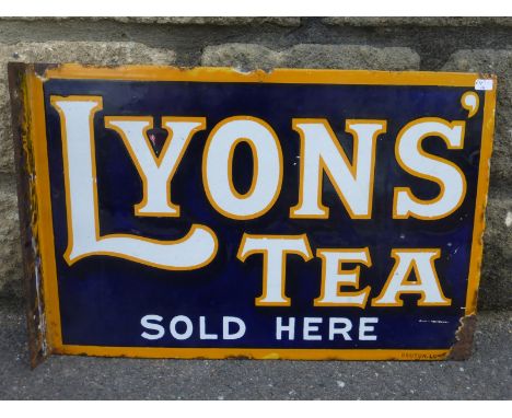 A Lyons' Tea Sold Here double sided enamel sign with hanging flange by Bruton, with good gloss.
