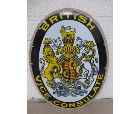 A large oval enamel sign advertising the British Vice Consulate, with a central coat of arms motif, screwed to a wooden board