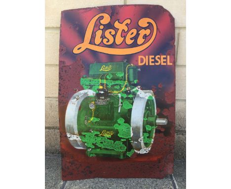 A Lister Diesel pictorial stationary engine enamel sign, a rare sign with some amateur retouching, 19 x 29".