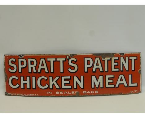 A Spratt's Patent Chicken meal "in sealed bags" rectangular enamel sign, 40 x 12".