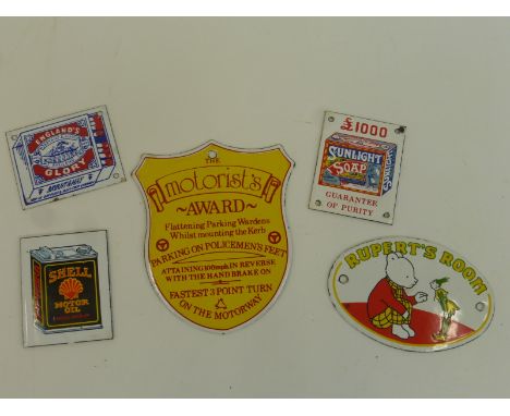 Five reproduction miniature enamel signs.