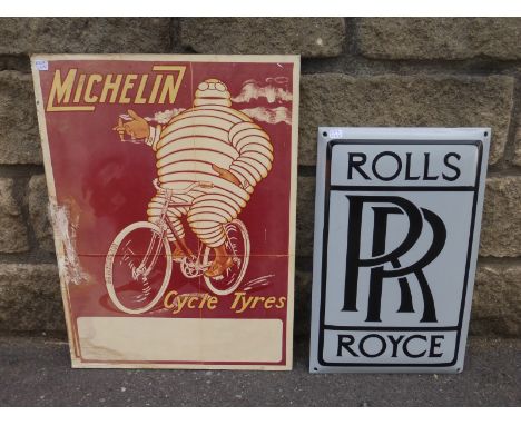 A reproduction Michelin Cycle Tyres pictorial advertisement, 14 x 19 1/2", and a reproduction Rolls-Royce enamel sign, 10 x 1
