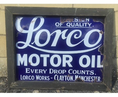 A Lorco Motor Oil rectangular enamel sign set within a wooden frame, with some metal repairs, 25 1/2 x 20" overall.