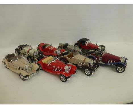 Eight assorted Burago 1/18 scale die-cast models including a 1928 Mercedes Benz, a 1934 Bugatti Type 59, a 1936 Mercedes Benz