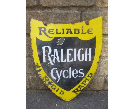 A Raleigh Cycles shield shaped double sided enamel sign, 17 1/2 x 23".