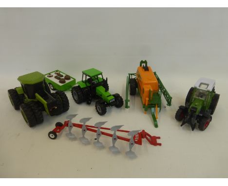 Seven unboxed farm models all 1/32 scale, including a Steiger Puma 100, an Amazon Sprayer, a Fendt 209, a Plough Furlow Rev. 