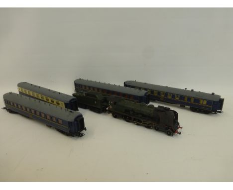 A 00 gauge steam engine and tender "Calais" and six continental carriages (possibly Hornby).