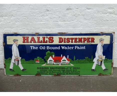 A Hall's Distemper "The Oil-Bound Water Paint" pictorial rectangular enamel sign by Patent Enamel, 66 x 26".