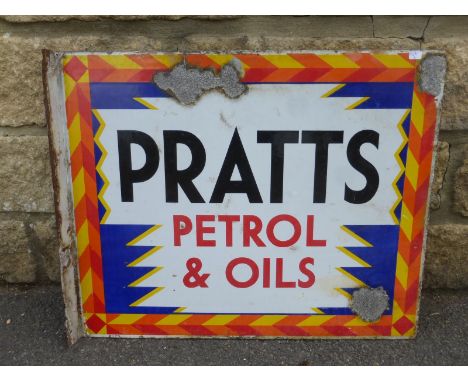A Pratts Petrol & Oils double sided enamel sign with hanging flange, of brightly coloured Art Deco design, 22 x 18".