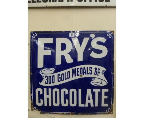 A Fry's Chocolate "300 Gold Medals" enamel sign by Patent Enamel, 20 x 20".