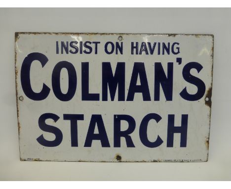 A small Colman's Starch enamel sign by Patent Enamel in good condition, 12 x 8".