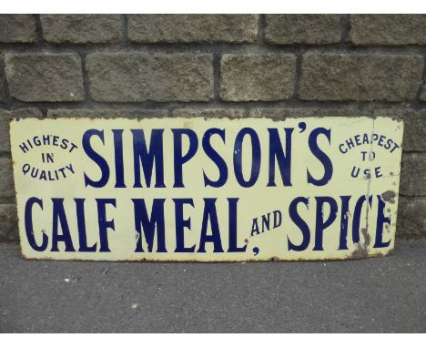 A Simpson's Calf Meal and Spice rectangular enamel sign, 48 1/2 x 18".